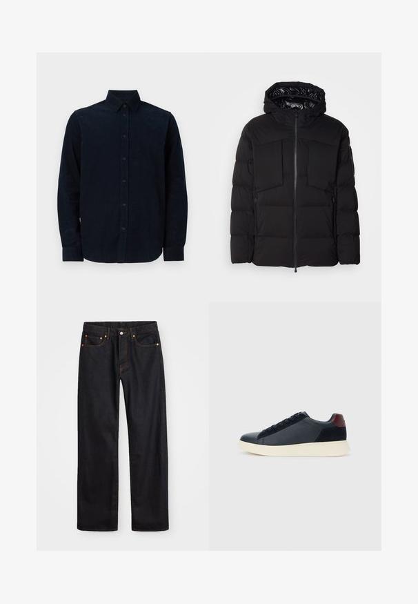 Giubbotto imbottito nero realizzato in nylon liscio, con zip frontale, grandi tasche sul petto e cappuccio. Imbottito per isolamento e comfort.; Camicia a maniche lunghe di colore blu navy, realizzata in tessuto testurizzato, con chiusura frontale con bottoni, colletto a punta e polsini con bottoni.; Jeans neri in denim dritto da uomo con cinque tasche e cuciture arancioni, chiusura con bottone e zip sulla vita anteriore.; Sneaker da uomo a basso profilo in pelle nera e suede con linguetta sul tallone color bordeaux e suola in gomma bianca, vista dal lato esterno.