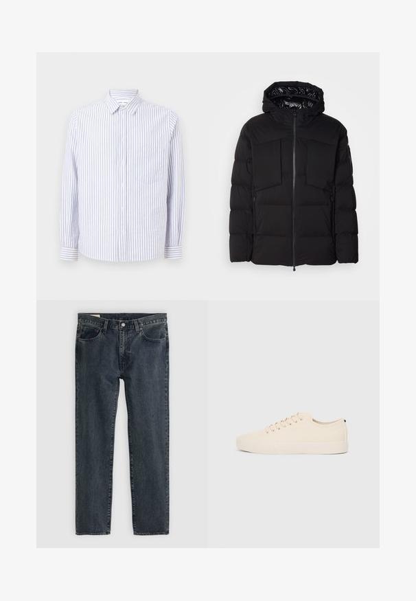 Giubbotto imbottito nero realizzato in nylon liscio, con zip frontale, grandi tasche sul petto e cappuccio. Imbottito per isolamento e comfort.; Camicia con righe blu chiaro e bianche. Presenta un colletto puntuto, maniche lunghe e una tasca sul petto. Tessuto in cotone.; Jeans in denim blu scuro con un design a gamba dritta, cinque tasche e chiusura con bottone. Il tessuto presenta una leggera sfumatura e texture.; Sneaker in tela beige con punta rotonda, suola in gomma piatta e lacci sulla parte anteriore. Presenta un design minimalista e un accento nero a contrasto sul tallone.