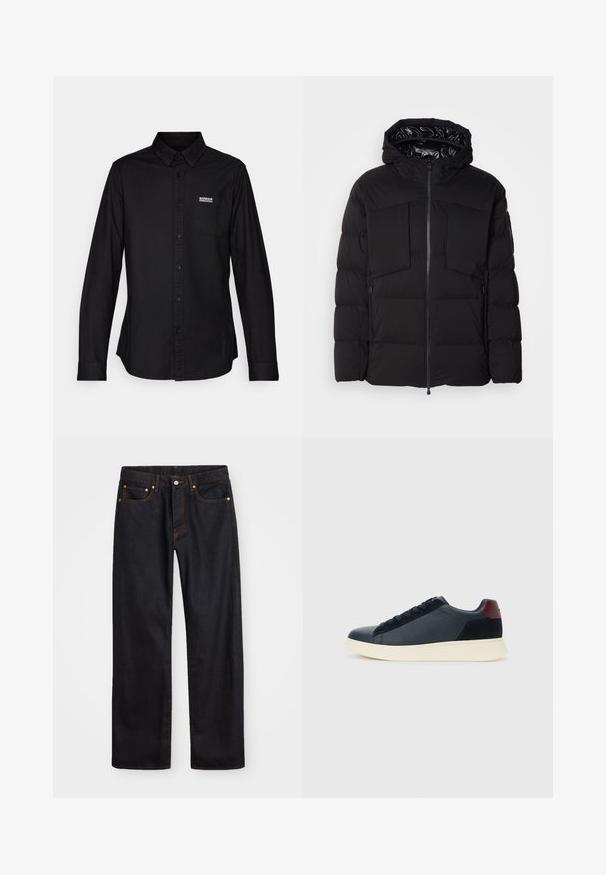 Μαύρο φουσκωτό μπουφάν από λείο νάιλον, με μπροστινό φερμουάρ, μεγάλες τσέπες στο στήθος και κουκούλα. Επενδεδυμένο για μόνωση και άνεση.; Barbour International KINETIC SHIRT - Πουκάμισο - black; Ανδρικό τζιν παντελόνι σε ευθεία γραμμή, μαύρου χρώματος, με πέντε τσέπες και πορτοκαλί ραφές, με κουμπί και φερμουάρ στον μπροστινό ιμάντα.; Ανδρικά παπούτσια sneaker χαμηλού ύψους σε μαύρο δέρμα και σουέτ, με ταμπέλα στη φτέρνα σε μπορντό χρώμα και λευκή καουτσούκ σόλα, προβαλλόμενα από την εξωτερική πλευρά.