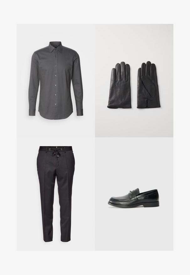 Juodas pūkinis švarkas, pagamintas iš glotnaus nailono, su priekiniais užtrauktukais, didelėmis krūtinės kišenėmis ir gobtuvu. Išpūstas, skirtas šilumai ir patogumui.; Vyrų ilgomis rankovėmis marškinių tamsiai pilkos spalvos, pagamintų iš tekstūruoto audinio, su suknelių mygtukais ir klasikinio stiliaus apykakle. Lygus paviršius, modernus kirpimas.; Juodos prisiūtos kelnės su raišteliu juosmenyje, su plisuota priekiu ir sutrauktu apvadu. Pagamintos iš lygaus audinio, kuris suteikia struktūrizuotą siluetą.; Juodos odinės loaferių batų su apvaliomis padų, pasižyminčių siuvinėtu dizainu, maža priekinė juostele su metaliniais akcentais ir plokščiu guminiu padu.; Juodos odinės pirštinės su penkiais pirštais, dekoruotos siuvinėjimu. Viduje yra minkšta pamušalo medžiaga ir atviras nykščio dizainas.