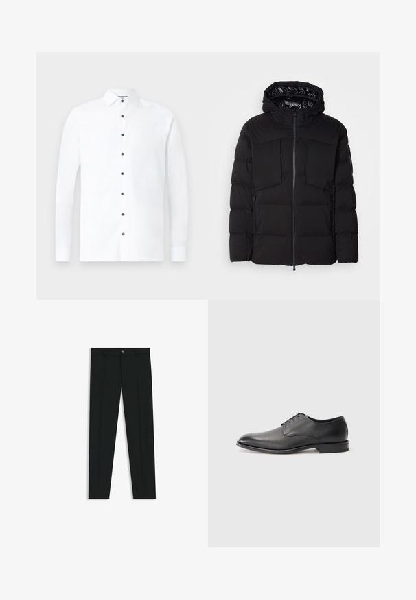 Giubbotto imbottito nero realizzato in nylon liscio, con zip frontale, grandi tasche sul petto e cappuccio. Imbottito per isolamento e comfort.; Camicia bianca a maniche lunghe in cotone, con colletto classico, chiusura a bottoni nera e polsini con bottoni. Texture liscia con design minimale.; Pantaloni neri in tessuto lisci, con design a gamba dritta. Presentano una chiusura frontale con bottone e passanti per cintura. Senza fantasie.; Scarpa da uomo in pelle nera, con lacci, tacco basso e finitura liscia, leggermente strutturata, su sfondo bianco semplice.