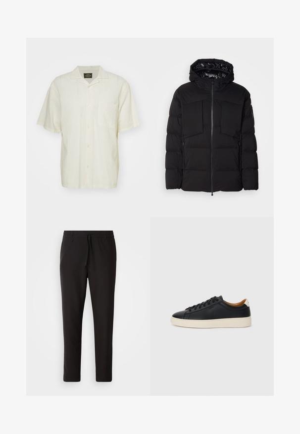 Black puffer jacket made of smooth nylon, featuring a front zipper, large chest pockets, and a hood. Padded for insulation and comfort.; Short-sleeve, light beige shirt with a textured pattern, button front, and single chest pocket. Fabric appears lightweight and breathable.; Black jogger pants made of smooth fabric. Feature an elastic waistband with a drawstring, tapered legs, and no visible pockets. Simple design.; Black leather sneakers with a smooth texture, beige rubber sole, lace-up design, and a contrasting heel accent.