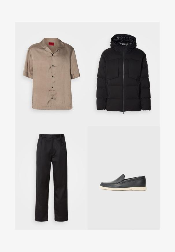 Zwarte donsjack gemaakt van glad nylon, met een ritssluiting aan de voorkant, grote borstzakken en een capuchon. Gevoerd voor isolatie en comfort.; Korte mouwen, beige shirt van gladde stof met een kraag, voorzien van vijf zwarte knopen en een rechte onderkant.; Zwarte broek van een gladde stof, met een sluiting met een knoop aan de voorkant, plooien en rechte pijpen. Geen zichtbare patronen of accenten.; Zwarte leren instappers met een gestructureerde afwerking en een contrasterende beige rubberen zool. Beschikt over een subtiele accent langs de voorkant.