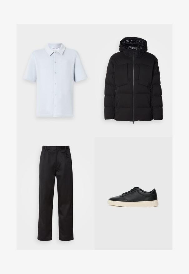 Črna puhovka iz gladkega najlona, z sprednjim zadrgo, velikima žepoma na prsih in kapuco. Opremljena je z oblogami za izolacijo in udobje.; Svetlo modra majica s kratkimi rokavi iz teksturirane mrežaste tkanine, z gumbom z sprednje strani in klasičnim ovratnikom. Pet vidnih gumbov.; Črne hlače iz gladkega materiala, ki imajo sprednjo zaponko, naborke in ravne noge. Brez vidnih vzorcev ali okraskov.; Črne nizke usnjene teniske s črnimi vezalkami in svetlo belo podplatom, prikazane v stranskem profilu na beli podlagi.