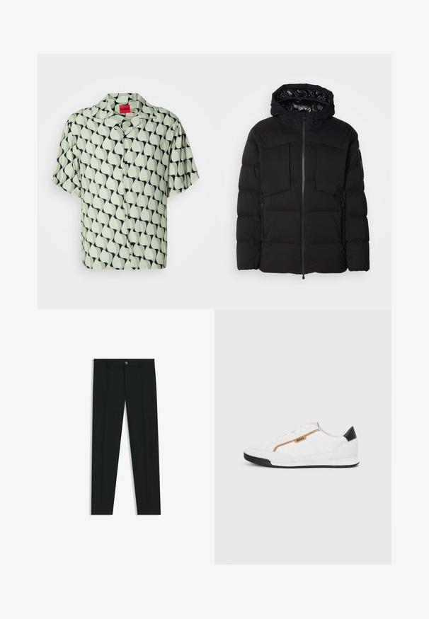 Zwarte donsjack gemaakt van glad nylon, met een ritssluiting aan de voorkant, grote borstzakken en een capuchon. Gevoerd voor isolatie en comfort.; Korte mouwen overhemd met knopen in lichtgroen met een marineblauw abstract bladpatroon. Voorzien van een camp collar en zwarte knopen. Gladde stofstructuur.; Zwarte dresspants met een recht pasvorm, gemaakt van een gladde stof. Heeft een sluiting met een knoop aan de voorkant en ceintuurlussen. Effen zonder patronen.; Witte sportieve schoenen met gaas- en lederen accenten. Voorzien van een gouden "BOSS" logo, gestructureerde zijpanelen en een zwarte hakkap. Rubberen zool.