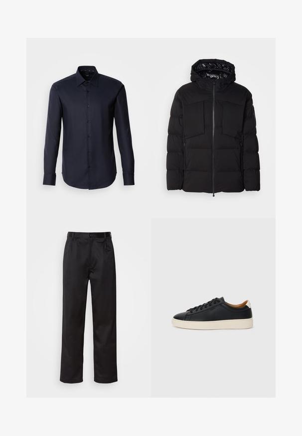 Črna puhovka iz gladkega najlona, z sprednjim zadrgo, velikima žepoma na prsih in kapuco. Opremljena je z oblogami za izolacijo in udobje.; Temno modra srajca z dolgimi rokavi in gumbi, izdelana iz gladkega blaga. Ima koničast ovratnik in manšete z enim gumbom. Minimalistična zasnova brez vzorcev.; Črne hlače iz gladkega materiala, ki imajo sprednjo zaponko, naborke in ravne noge. Brez vidnih vzorcev ali okraskov.; Črne usnjene superge z gladko teksturo, bež gumijastim podplatom, zavezovalnim dizajnom in kontrastnim nagibom na peti.