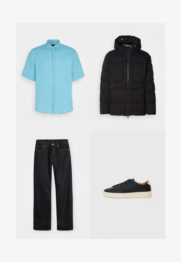 Giubbotto imbottito nero realizzato in nylon liscio, con zip frontale, grandi tasche sul petto e cappuccio. Imbottito per isolamento e comfort.; Camicia azzurro chiaro a maniche corte in tessuto di lino, con chiusura a bottoni sul davanti, colletto a punta e una sottile texture senza motivi o dettagli.; Jeans neri in denim dritto da uomo con cinque tasche e cuciture arancioni, chiusura con bottone e zip sulla vita anteriore.; Sneakers in pelle nera con una texture liscia, suola in gomma beige, design con lacci e un accento del tacco in contrasto.