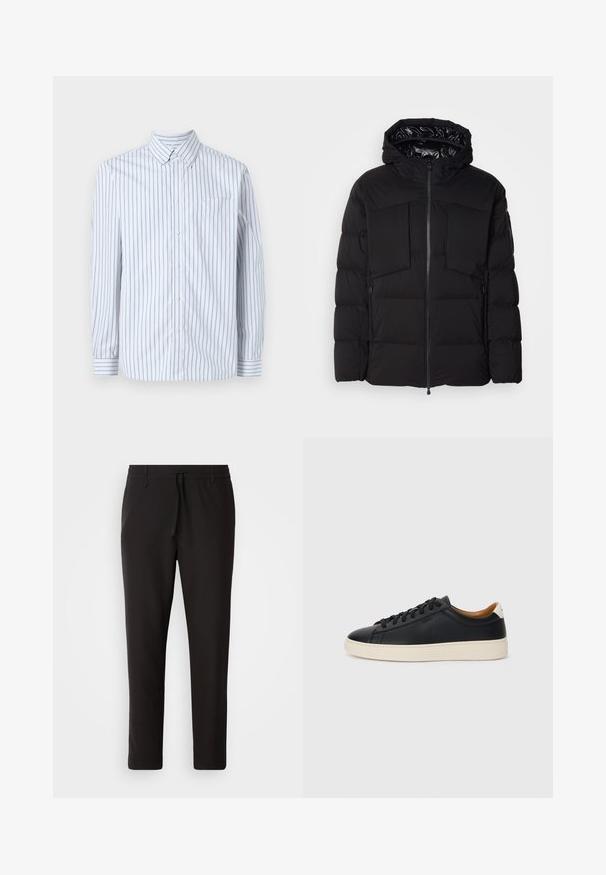 Geacă puffer neagră din nylon neted, cu fermoar frontal, buzunare mari pe piept și glugă. Căptușită pentru izolație și confort.; Cămașă cu mânecă lungă, cu butoni, din bumbac în dungi albastre deschise și albe, având un buzunar pe piept și guler cu butoni.; Pantaloni de jogging negri, confecționați dintr-un material neted. Prezintă un talie elastică cu șnur, picioare conice și fără buzunare vizibile. Design simplu.; Căști din piele neagră cu o textură netedă, talpă din cauciuc bej, design cu șireturi și un accent contrastant la călcâi.