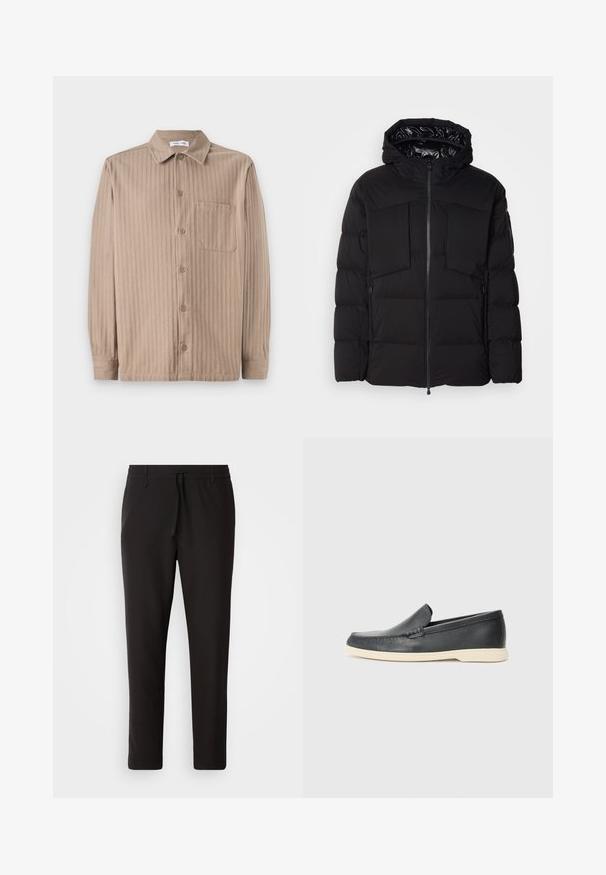 Schwarze Steppjacke aus glattem Nylon, mit einem Frontreißverschluss, großen Brusttaschen und einer Kapuze. Gepolstert für Wärme und Komfort.; Beige Hemd mit Knöpfen und gestreiftem Muster, ausgestattet mit einem Kragen, langen Ärmeln und einer Brusttasche. Hergestellt aus weichem Stoff.; Schwarze Jogginghose aus glattem Stoff. Mit einem elastischen Bund und Kordelzug, schmal zulaufenden Beinen und ohne sichtbare Taschen. Einfaches Design.; Schwarze Leder-Slipper mit strukturiertem Finish und einer kontrastierenden beige Gummisohle. Mit einem dezenten Akzent an der Vorderseite.