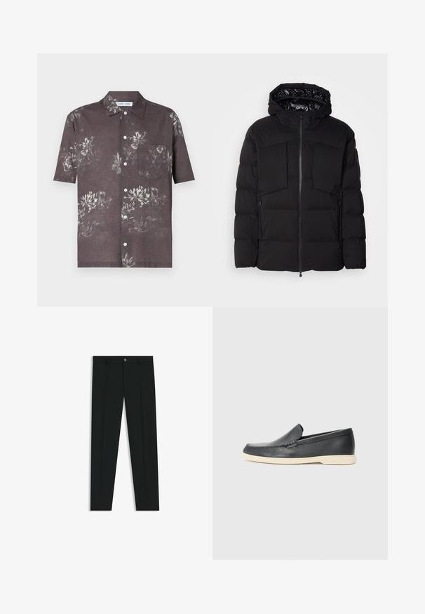 Zwarte donsjack gemaakt van glad nylon, met een ritssluiting aan de voorkant, grote borstzakken en een capuchon. Gevoerd voor isolatie en comfort.; Korte mouw shirt van donkergrijze stof met een bloemenprint in lichtere tinten, een knoopsluiting en een borstzak.; Zwarte dresspants met een recht pasvorm, gemaakt van een gladde stof. Heeft een sluiting met een knoop aan de voorkant en ceintuurlussen. Effen zonder patronen.; Zwarte leren instappers met een gestructureerde afwerking en een contrasterende beige rubberen zool. Beschikt over een subtiele accent langs de voorkant.