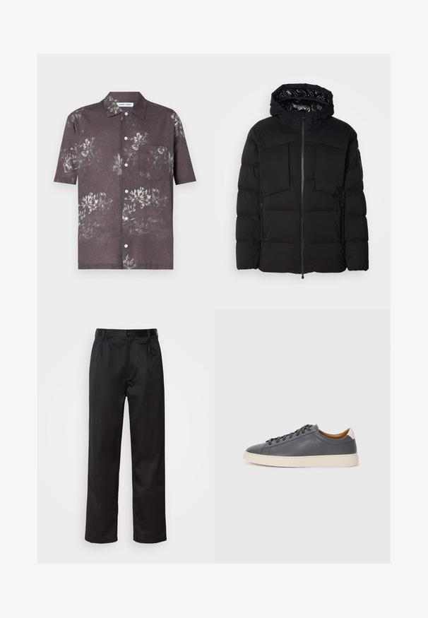 Čierna puffa bunda vyrobená z hladkého nylonu, s predným zipsom, veľkými vreckami na hrudi a kapucňou. Podšitá pre izolačné vlastnosti a pohodlie.; Košeľa s krátkym rukávom v tmavosivej farbe s kvetinovým vzorom v svetlejších odtieňoch, s designom na gombíky a vreckom na hrudi.; Čierne nohavice vyrobené z hladkej látky, s predným zapínaním na gombík, s plisovaním a rovnými nohavicami. Žiadne viditeľné vzory ani akcenty.; Sivé kožené tenisky s okrúhlou špičkou, gumovou podrážkou, plochými šnúrkami a svetlými akcentmi na päte. Hladká textura a minimalisticý dizajn.