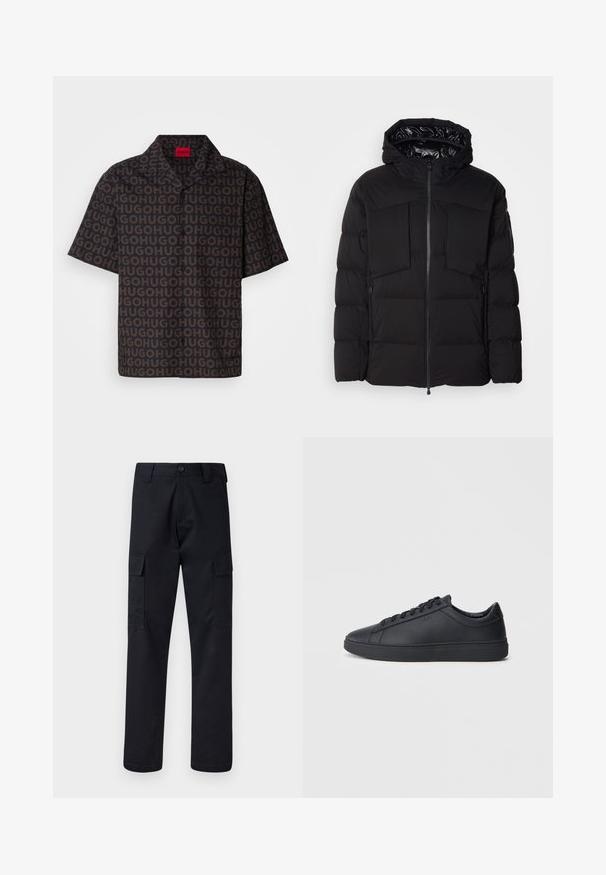 Melnā pūkainā jaka, kas izgatavota no gluda neilona, ar priekšējo rāvējslēdzēju, lielām krūšu kabatām un kapuci. Iepildīta siltumizolācijai un komfortam.; Īsām piedurkņu krekls tumšā audumā ar atkārtotu "HUGO" rakstu, ar apkakli, ar melniem pogām un sarkanu zīmola etiķeti kakla iekšējā pusē.; Melni kravas bikses, kas izgatavotas no izturīga auduma, ar taisnu kāju griezumu, divām sānu kabatām un pogu aizdari jostas vietā.; Melnas kedas no gludas ādas ar zemu adatu dizainu, apaļu purngalu un plakanu gumijas zoli. Satur auklas un diskrētu zīmolu.