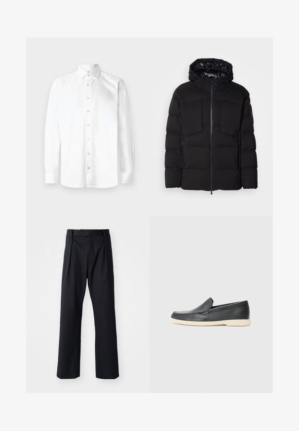 Čierna puffa bunda vyrobená z hladkého nylonu, s predným zipsom, veľkými vreckami na hrudi a kapucňou. Podšitá pre izolačné vlastnosti a pohodlie.; Biela košeľa s dlhým rukávom, s špicatým golierom, gombíkovým zapínaním a manžetami na jeden gombík. Hladká, jednofarebná tkanina bez vzorov alebo zdobení.; Čierne nohavice vyrobené z hladkej tkaniny, so strihom rovného spodku, prednými skladmi a jedným gombíkom na zapínanie v páse.; Čierne kožené slip-on mokasíny s textúrovaným povrchom a kontrastnou béžovou gumovou podrážkou. Obsahujú jemný akcent pozdĺž prednej časti.