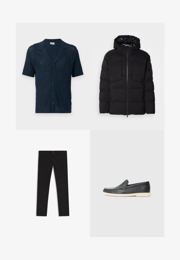 Svart pufferjacka i slät nylon, med framdragkedja, stora bröstfickor och huva. Vadderad för isolering och komfort.; Mörkblå kortärmad skjorta med en texturerad, vertikalt randig design, med krage och femknappslåning.; Svarta byxor gjorda av tyg med en slät textur. Har en knäppning med knapp, bälteshällor och sidofickor. Standard rakt ben-design.; Svarta läder slip-on loafers med en texturerad yta och en kontrasterande beige gummisula. Har en subtil accent längs fram.