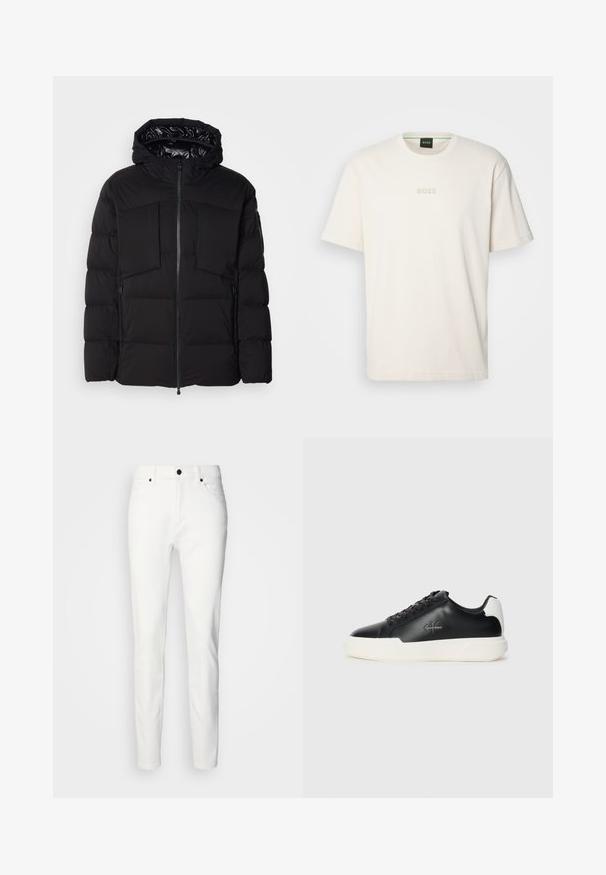 Black puffer jacket made of smooth nylon, featuring a front zipper, large chest pockets, and a hood. Padded for insulation and comfort.; BOSS TEE - Basic T-shirt - open white; White denim jeans with a slim fit, featuring a front button closure, two front pockets, and a clean finish. No visible patterns or accents.; Black leather sneakers with white rubber sole. Features round toe, lace-up design, and logo detail on the side. Rear accent in white.