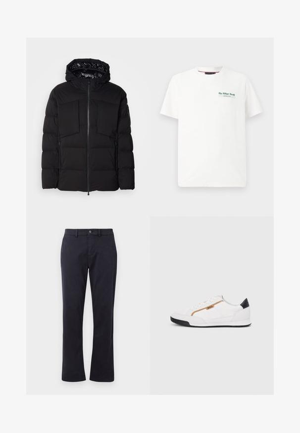 Must schwarz puffer jakk, mis on valmistatud siledast nailonist, ees on lukuga, suured rinna taskud ja kapuuts. Polsterdatud soojustamiseks ja mugavuseks.; Valge puuvillane t-särk lühikeste varrukatega ja ümar kaelus, millel on roheline trükk vasakul rinnal, kus on kirjas "The Milliger Herald" ja "MCHLXXXV."; Tumedast meresinise värvi sirged püksid, millega on kaasas vöökohad ja eesmine nööpkinni, esitatud valgel taustal.; Valged sportlikud jalatsid, millel on võrkkangas ja nahkdetailid. Omab kuldset "BOSS" logo, tekstureeritud külgpaneele ja musta kontsakaant. Kummist tallad.