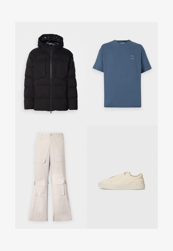 Fekete puffernadrág, sima nylonkiből készült, elülső cipzárral, nagy mellzsebekkel és kapucnival. Szigeteléssel és kényelemmel párnázott.; Kék pamut póló klasszikus kerek nyakkal, rövid ujjakkal, laza szabással és két kis nyomtatott logóval a mellkasán. Simább textúra.; Beige, lazább szabású cargo nadrág, mely oldalán több fedéllel ellátott zseb található, és gombos záródással rendelkezik. Könnyű anyagból készült.; Beige bőr sneaker, lekerekített orral, minimalista dizájnal, finom varrási részletekkel és texturált felsőrésszel, világos talpon.