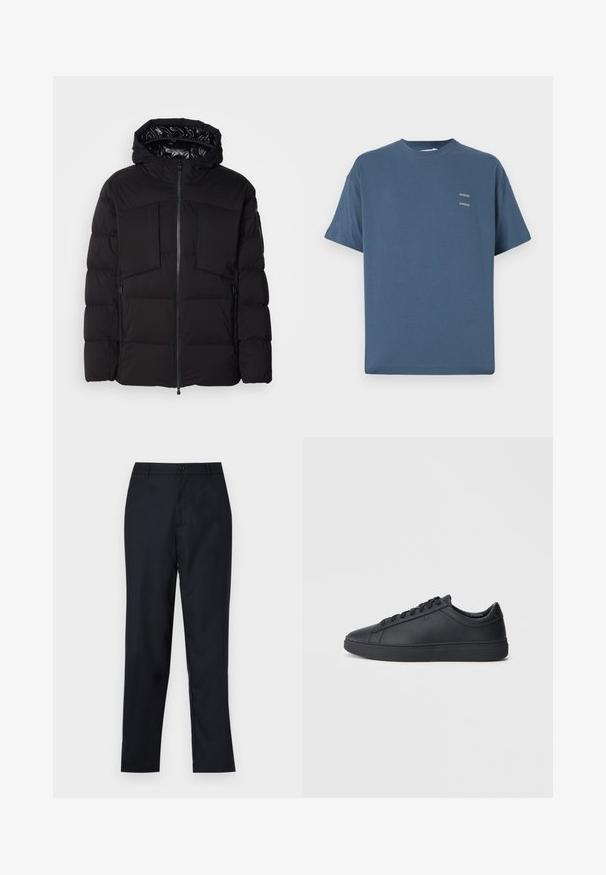 Doudoune noire en nylon lisse, dotée d'une fermeture éclair sur le devant, de grandes poches poitrine et d'une capuche. Rembourrée pour une isolation et un confort optimal.; T-shirt en coton bleu avec col rond classique, manches courtes, coupe décontractée et deux petits logos imprimés sur la poitrine. Texture lisse.; Pantalon bleu marin en tissu lisse, avec un design à jambe droite, une fermeture à bouton unique et de légères plis avant.; Baskets noires en cuir lisse avec un design bas, bout rond et semelle en caoutchouc plate. Elles sont dotées de lacets et d'un branding subtil.