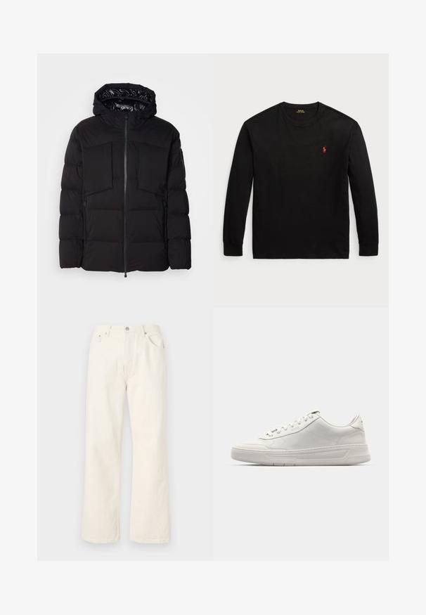 Črna puhovka iz gladkega najlona, z sprednjim zadrgo, velikima žepoma na prsih in kapuco. Opremljena je z oblogami za izolacijo in udobje.; Črna majica z dolgimi rokavi iz bombaža. Ima krožni ovratnik, rebraste manšete in majhen rdeč vezen logotip na prsih. Gladka tekstura.; Kremaste široke jeans hlače iz denima, ki imajo standardno pet žepov in kovinsko zapiranje na pasu.; Bele superge z gladkim usnjem, okroglo konico, vezalni sistem in debelim gumijastim podplatom. Diskreten logotip na strani.