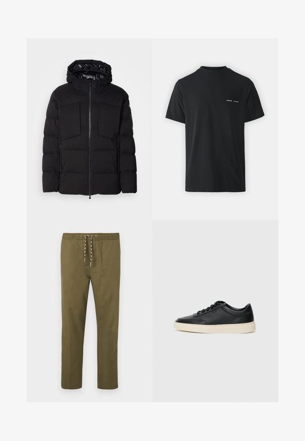 Fekete puffernadrág, sima nylonkiből készült, elülső cipzárral, nagy mellzsebekkel és kapucnival. Szigeteléssel és kényelemmel párnázott.; Fekete pamut póló klasszikus kerek nyakkal, rövid ujjakkal, és két kicsi fehér "SAMSØE" logóval a bal mellen.; Olajzöld nadrág, rugalmas derékkal és állítható húzózsinórral. Egyenes lábbal készült; az anyag sima, puha tapintású.; Fekete, alacsony szárú bőrsneaker fekete fűzőkkel és törtfehér talppal, oldalnézetben, fehér háttér előtt.