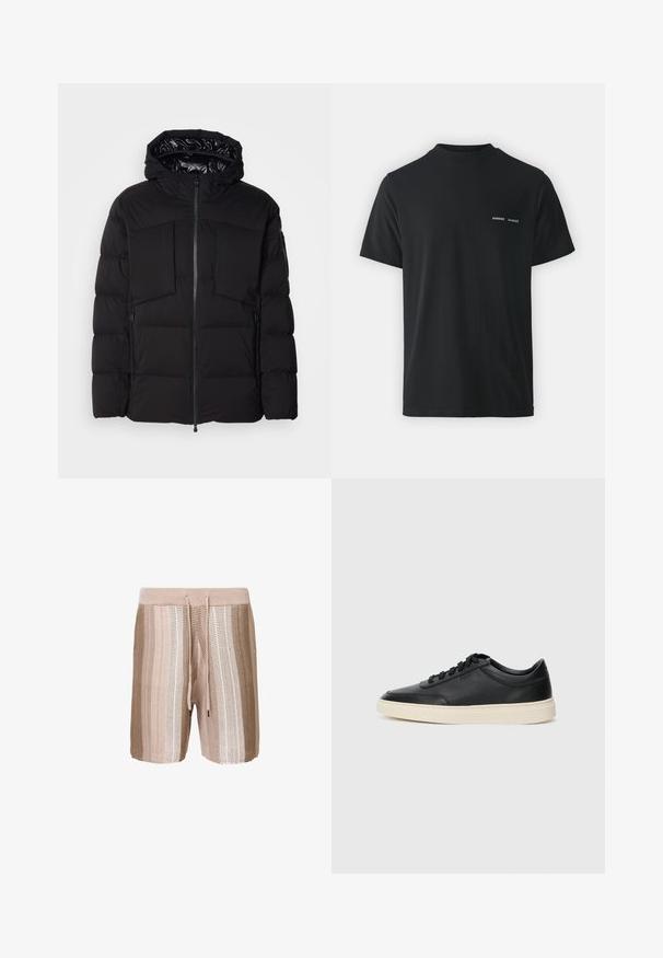 Doudoune noire en nylon lisse, dotée d'une fermeture éclair sur le devant, de grandes poches poitrine et d'une capuche. Rembourrée pour une isolation et un confort optimal.; T-shirt en coton noir avec un col rond classique, des manches courtes et deux petits logos blancs "SAMSØE" sur la poitrine gauche.; Shorts de bain en tricot beige avec des rayures horizontales dans des teintes plus claires, taille élastique avec cordon de serrage, et tissu texturé.; Baskets en cuir noires à tiges basses avec lacets noirs et semelle ivoire, présentées en profil latéral sur fond blanc.