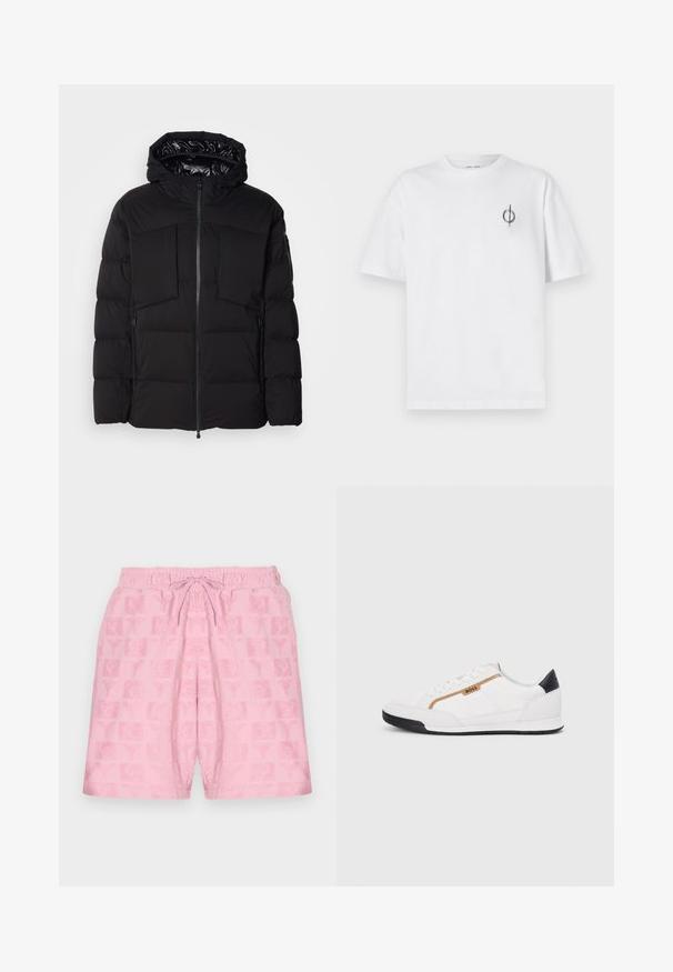 Giubbotto imbottito nero realizzato in nylon liscio, con zip frontale, grandi tasche sul petto e cappuccio. Imbottito per isolamento e comfort.; T-shirt in cotone bianco con vestibilità rilassata, presenta un piccolo logo grafico nero nella zona sinistra del petto. Maniche corte, collo a giro.; Pantaloni corti rosa con vita elasticizzata e cordino; presenta un motivo testurizzato di loghi e simboli su tutta la stoffa.; Scarpe sportive bianche con accenti in rete e pelle. Presentano un logo dorato "BOSS", pannelli laterali testurizzati e un copri tallone nero. Suola in gomma.