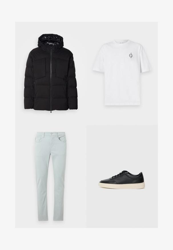 Melnā pūkainā jaka, kas izgatavota no gluda neilona, ar priekšējo rāvējslēdzēju, lielām krūšu kabatām un kapuci. Iepildīta siltumizolācijai un komfortam.; Bāla kokvilnas t-kreklu ar brīvu piegulšanu, kuram uz kreisā krūšu apvidus ir neliels melns grafiskais logotips. Īsas piedurknes, apaļas kakla izgriezums.; Gai zili džinsi ar plānu piegulšanu, pieci kabatas un priekšējā pogas aizdare. Gluda tekstūra ar vieglām šuvju detaļām.; Melnas zemas ādas sporta kurpes ar melnām auklām un off-white zoli, rādītas no sānu profila uz baltā fona.