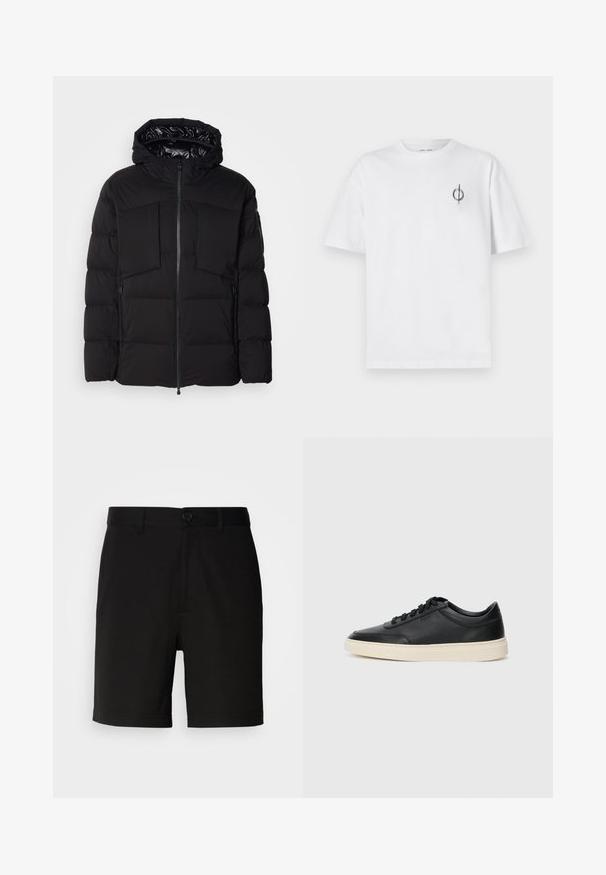 Doudoune noire en nylon lisse, dotée d'une fermeture éclair sur le devant, de grandes poches poitrine et d'une capuche. Rembourrée pour une isolation et un confort optimal.; T-shirt en coton blanc avec une coupe décontractée, présentant un petit logo graphique noir sur le côté gauche de la poitrine. Manches courtes, col rond.; Shorts noirs en tissu lisse, dotés d'une fermeture à bouton unique et de passants de ceinture, avec des ouvertures de jambe droites et sans motifs visibles.; Baskets en cuir noires à tiges basses avec lacets noirs et semelle ivoire, présentées en profil latéral sur fond blanc.