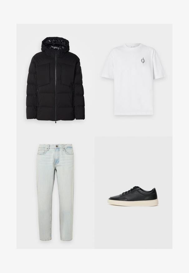 Chaqueta acolchada negra hecha de nailon suave, con cremallera frontal, grandes bolsillos en el pecho y capucha. Acolchada para aislamiento y comodidad.; Camiseta de algodón blanca con un corte relajado, con un pequeño logotipo gráfico negro en el área del pecho izquierdo. Mangas cortas, estilo cuello redondo.; Jeans de mezclilla azul claro con corte recto, diseño de cinco bolsillos y cierre de botón. La tela presenta una textura deslucida y ligeramente desgastada.; Zapatilla negra de piel de caña baja con cordones negros y suela color crema, mostrada en perfil lateral sobre fondo blanco.