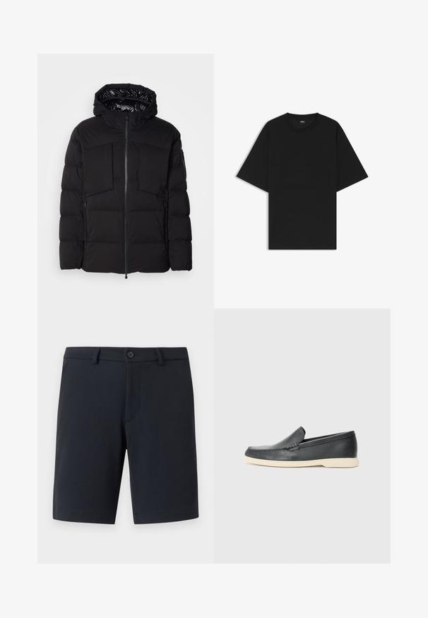 Musta puhallettu takki, joka on valmistettu sileästä nailonista. Siinä on edessä vetoketju, suuret rintataskut ja huppu. Vuorattu eristystä ja mukavuutta varten.; Mustapaitainen lyhythihainen crew neck -t-paita rentoa mitoitusta ja pienellä "BOSS" -merkinnällä sisäkauluksessa.; Tummansiniset shortsit, jotka on valmistettu sileästä kankaasta. Niissä on edessä painonappi, vyölenkit ja huomaamattomat taskut. Tasainen helma.; Mustat nahkakengät ilman nauhoja, joissa on teksturoitu pinta ja kontrastoiva beige kumipohja. Kengissä on hillitty yksityiskohta etuosassa.