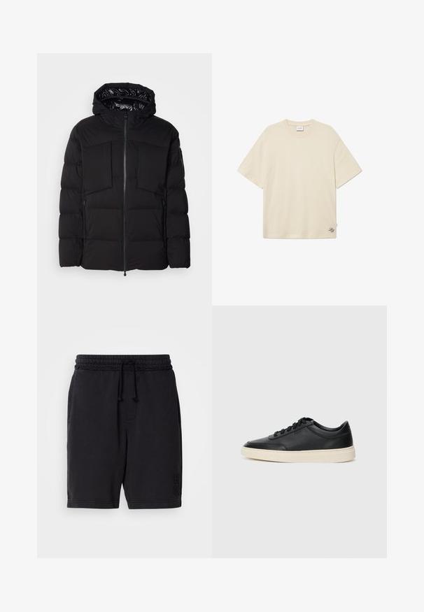 Czarna puchowa kurtka wykonana z gładkiego nylonu, z zapięciem na zamek błyskawiczny z przodu, dużymi kieszeniami na piersi i kapturem. Wypełniona dla lepszej izolacji i komfortu.; Kremowa koszulka z bawełny, z okrągłym dekoltem, krótkimi rękawami i subtelnym detalem logo wyhaftowanym w prawym dolnym rogu.; Czarne bawełniane szorty z elastycznym paskiem w talii i sznurkiem do regulacji. Posiadają boczne kieszenie oraz subtelne tłoczenie logo na dolnej części lewej nogawki.; Czarne niskie skórzane sneakersy z czarnymi sznurówkami i off-white podeszwą, prezentowane w profilu bocznym na białym tle.