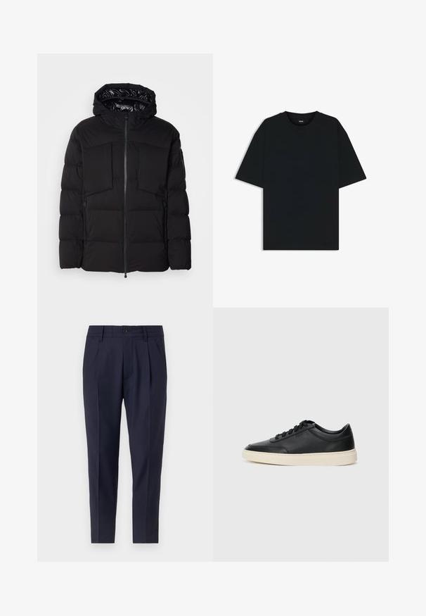 Giubbotto imbottito nero realizzato in nylon liscio, con zip frontale, grandi tasche sul petto e cappuccio. Imbottito per isolamento e comfort.; Maglietta in cotone nera con scollatura rotonda e maniche corte. Presenta una vestibilità ampia e un design semplice senza motivi o dettagli.; Pantaloni blu navy con una vestibilità su misura, dotati di pieghe, chiusura con bottone e tasche laterali. Realizzati in un tessuto liscio con una leggera lucentezza.; Sneaker in pelle nera a basso profilo con lacci neri e suola avorio, mostrato di profilo su sfondo bianco.