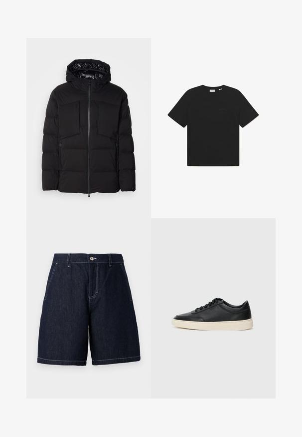 Chaqueta acolchada negra hecha de nailon suave, con cremallera frontal, grandes bolsillos en el pecho y capucha. Acolchada para aislamiento y comodidad.; Camiseta de algodón negra con cuello redondo y mangas cortas. Presenta un sutil logo de texto en el frente. Textura suave y corte relajado.; Pantalones cortos de mezclilla oscura con corte recto. Cuenta con un cierre de botón, bolsillos frontales y costuras en blanco contrastante a lo largo de los bordes.; Zapatilla negra de piel de caña baja con cordones negros y suela color crema, mostrada en perfil lateral sobre fondo blanco.