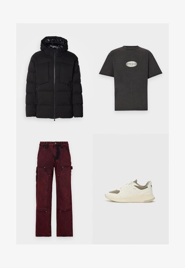 Black puffer jacket made of smooth nylon, featuring a front zipper, large chest pockets, and a hood. Padded for insulation and comfort.; Black cotton t-shirt with short sleeves, crew neck, and a green and white oval logo featuring "GUESS ORIGINALS" centered on the front.; Red cargo pants with a textured finish, featuring large front pockets, metal hardware, and a relaxed straight-leg design.; White and light beige athletic sneaker, featuring a mesh upper, perforated detailing, and a textured midsole with branding on the heel.