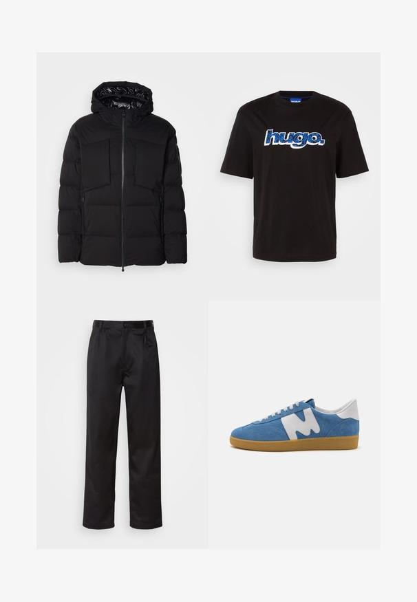 Μαύρο φουσκωτό μπουφάν από λείο νάιλον, με μπροστινό φερμουάρ, μεγάλες τσέπες στο στήθος και κουκούλα. Επενδεδυμένο για μόνωση και άνεση.; Μαύρη βαμβακερή μπλούζα σε στυλ t-shirt με το λογότυπο "hugo." σε μπλε χρώμα και μοτίβο. Έχει κοντά μανίκια και στρογγυλή λαιμόκοψη.; Μαύρο παντελόνι από λείο ύφασμα, με κλείσιμο μπροστά με κουμπί, πιέτες και ίσια πόδια. Χωρίς ορατά σχέδια ή διακοσμητικά στοιχεία.; MSGM RETRO TRAINER - Αθλητικά παπούτσια - light blue
