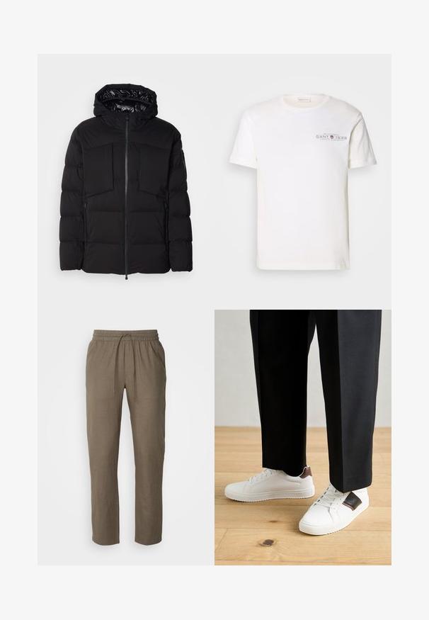 Černá péřová bunda z hladkého nylonu, vybavená předním zipem, velkými náprsními kapsami a kapucí. Polstrovaná pro tepelnou izolaci a pohodlí.; Bílý bavlněný tričko s kulatým výstřihem, krátkými rukávy a potiskem loga. Mít minimalistický design a volný střih.; Les Deux PATRICK PANTS - Kalhoty - brown; Bílé tenisky s hladkým povrchem, s hnědými koženými akcenty a černými detaily, kombinované s černými kalhotami na míru. Pozadí tvoří dřevěná podlaha.