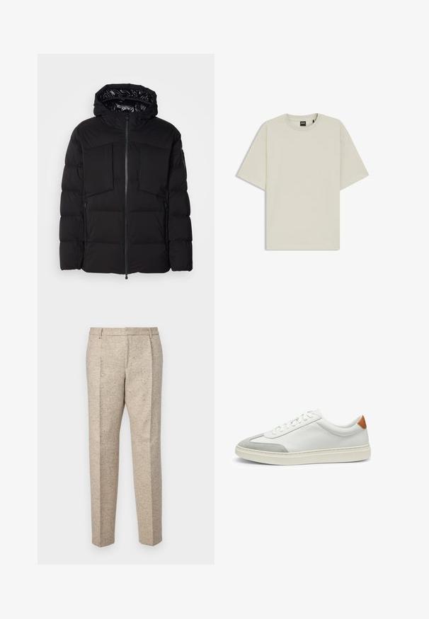 Giubbotto imbottito nero realizzato in nylon liscio, con zip frontale, grandi tasche sul petto e cappuccio. Imbottito per isolamento e comfort.; T-shirt beige chiaro realizzato in morbido cotone, con una vestibilità rilassata, colletto rotondo e maniche corte. Nessun motivo o dettaglio visibile.; Pantaloni beige su misura realizzati in tessuto texturizzato, caratterizzati da due pince frontali, passanti per cintura e un design a gamba dritta.; Sneakers bianchi in pelle con accenti in suede grigio e un tallone in pelle beige. Presentano una superficie testurizzata e una suola leggera.