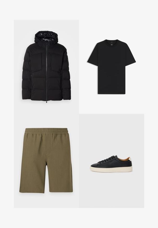 Doudoune noire en nylon lisse, dotée d'une fermeture éclair sur le devant, de grandes poches poitrine et d'une capuche. Rembourrée pour une isolation et un confort optimal.; T-shirt noir à manches courtes en coton mélangé doux, avec un col rond et un design minimaliste sans motifs ni accents.; Samsøe Samsøe SMITH - Short - four leaf clover; Baskets en cuir noir avec une texture lisse, semelle en caoutchouc beige, design à lacets et accent de talon contrasté.