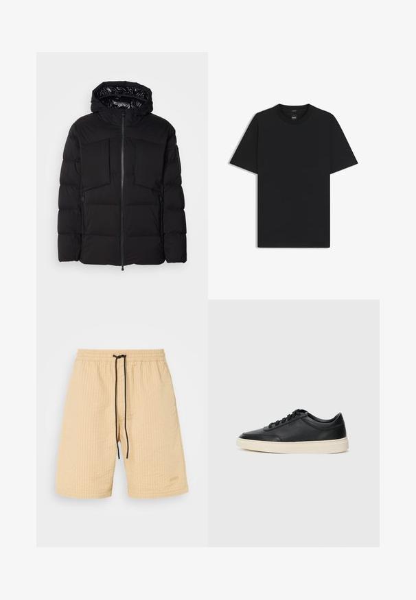 Schwarze Steppjacke aus glattem Nylon, mit einem Frontreißverschluss, großen Brusttaschen und einer Kapuze. Gepolstert für Wärme und Komfort.; Schwarz T-Shirt mit kurzen Ärmeln aus einem glatten Baumwollmix, mit Rundhalsausschnitt und einem minimalistischen Design ohne Muster oder Akzente.; Beige Shorts aus einem strukturierten Stoff, mit elastischem Bund und schwarzem Kordelzug. Mit einem dezenten Logo-Akzent. Gerader Schnitt.; Schwarzer niedriger Ledersneaker mit schwarzen Schnürsenkeln und cremefarbenem Sohlenrand, seitlich auf weißem Hintergrund dargestellt.