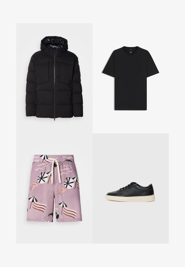 Doudoune noire en nylon lisse, dotée d'une fermeture éclair sur le devant, de grandes poches poitrine et d'une capuche. Rembourrée pour une isolation et un confort optimal.; T-shirt noir à manches courtes en coton mélangé doux, avec un col rond et un design minimaliste sans motifs ni accents.; Maillots de bain en tissu violet clair, ornés d'un motif graphique de parasols de plage, de lignes ondulées et de mains stylisées dans des couleurs contrastées.; Baskets en cuir noires à tiges basses avec lacets noirs et semelle ivoire, présentées en profil latéral sur fond blanc.