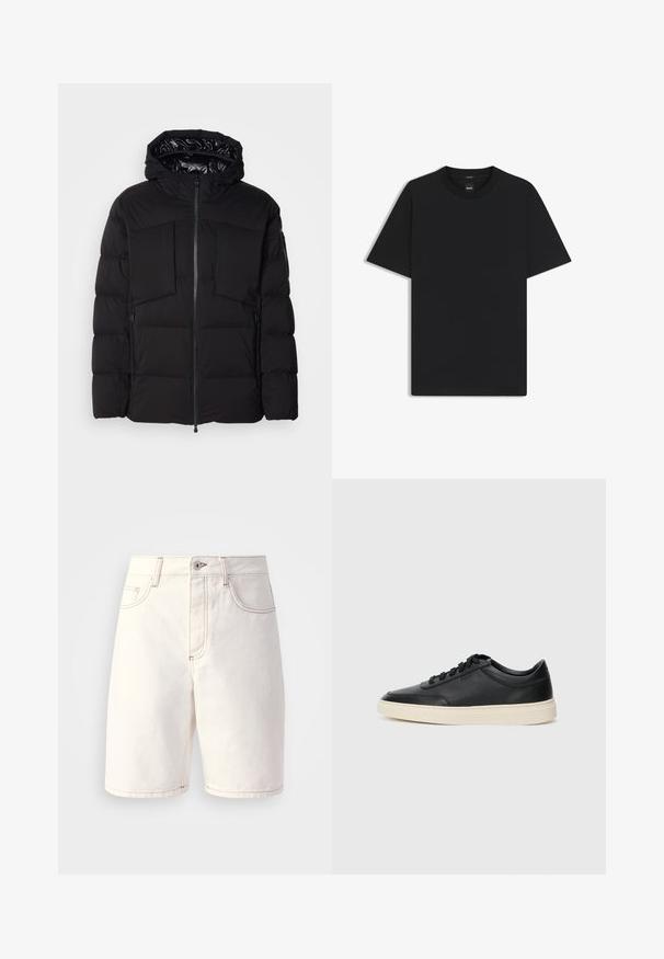 Black puffer jacket made of smooth nylon, featuring a front zipper, large chest pockets, and a hood. Padded for insulation and comfort.; Black short-sleeve T-shirt made from a smooth cotton blend, featuring a crew neckline and a minimalistic design with no patterns or accents.; White denim shorts with a straight cut, featuring five pockets, orange stitching, and a zip fly with a single button closure.; Black low-top leather sneaker with black laces and off-white sole shown in side profile on white background.