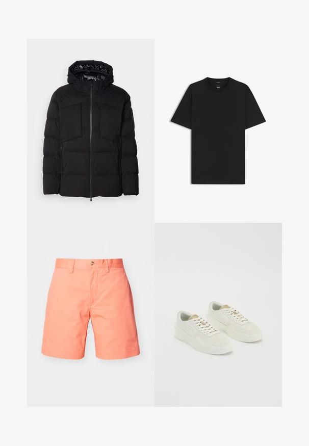 Musta puhallettu takki, joka on valmistettu sileästä nailonista. Siinä on edessä vetoketju, suuret rintataskut ja huppu. Vuorattu eristystä ja mukavuutta varten.; Musta lyhythiha T-paita, joka on valmistettu sileästä puuvillasekoitteesta. Paita on varustettu pyöreällä pääntiehen ja siinä on minimaalinen muotoilu ilman kuvioita tai yksityiskohtia.; Persikkaväriset puuvillashortsit suoraan leikkauksella, joissa on yksi nappisulku ja taitetut lahkeet. Tasainen rakenne ja siisti muotoilu.; Pari off-white matalat lenkkarit beige-yksityiskohdilla, paksut pohjat ja valkoiset nauhat yksinkertaisella valkoisella taustalla.