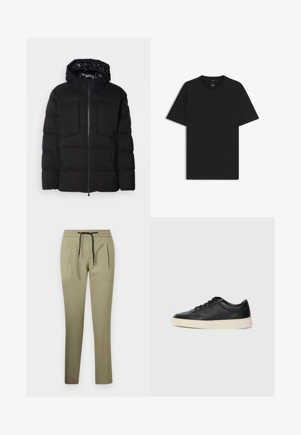 Doudoune noire en nylon lisse, dotée d'une fermeture éclair sur le devant, de grandes poches poitrine et d'une capuche. Rembourrée pour une isolation et un confort optimal.; T-shirt noir à manches courtes en coton mélangé doux, avec un col rond et un design minimaliste sans motifs ni accents.; Pantalons kaki en tissu lisse avec une coupe décontractée, dotés d'une taille élastique et d'un cordon de serrage. Design à jambes droites avec des plis latéraux.; Baskets en cuir noires à tiges basses avec lacets noirs et semelle ivoire, présentées en profil latéral sur fond blanc.