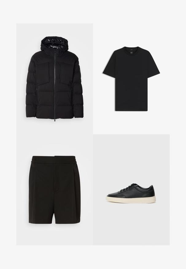 Black puffer jacket made of smooth nylon, featuring a front zipper, large chest pockets, and a hood. Padded for insulation and comfort.; Black short-sleeve T-shirt made from a smooth cotton blend, featuring a crew neckline and a minimalistic design with no patterns or accents.; Black shorts made of a smooth fabric, featuring a pleated front design and an elastic waistband. Straight cut legs provide a relaxed fit.; Black low-top leather sneaker with black laces and off-white sole shown in side profile on white background.