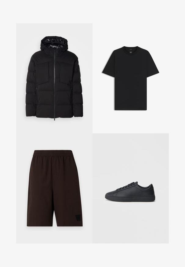 Giubbotto imbottito nero realizzato in nylon liscio, con zip frontale, grandi tasche sul petto e cappuccio. Imbottito per isolamento e comfort.; Maglietta nera a maniche corte realizzata in un morbido misto cotone, con scollatura a girocollo e un design minimalista senza motivi o dettagli.; Pantaloni corti marroni con vita elastica, tasche laterali, tessuto testurizzato e un logo ricamato nero sulla gamba sinistra.; Sneakers neri realizzati in pelle liscia, con design a bassa cima, punta rotonda e suola piatta in gomma. Presentano lacci e un branding discreto.