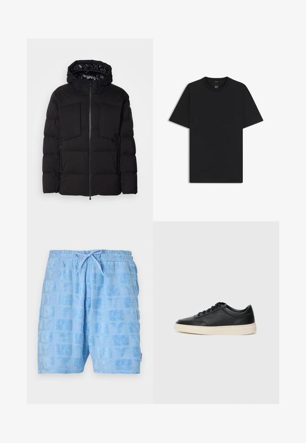 Sort pufferjakke lavet af glat nylon, med en frontlynlås, store brystlommer og hætte. Polstret for isolering og komfort.; Sort kortærmet T-shirt lavet af en glat bomuldsblanding, med en rund halsudskæring og et minimalistisk design uden mønstre eller accenter.; Lyseblå shorts lavet af struktureret stof med et mønster af firkanter med forhøjede designs. Elastisk taljebånd med snor.; Sort lavt top lædersneaker med sorte snørebånd og off-white sål vist i sideprofil på hvid baggrund.