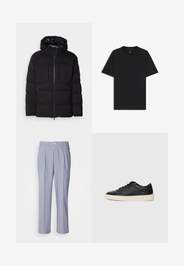 Musta puhallettu takki, joka on valmistettu sileästä nailonista. Siinä on edessä vetoketju, suuret rintataskut ja huppu. Vuorattu eristystä ja mukavuutta varten.; Musta lyhythiha T-paita, joka on valmistettu sileästä puuvillasekoitteesta. Paita on varustettu pyöreällä pääntiehen ja siinä on minimaalinen muotoilu ilman kuvioita tai yksityiskohtia.; Raidalliset housut vaaleansinisinä ja valkoisina, joissa on napin sulkeminen, laskostettu etuosa ja suora lahje. Sileä kangas.; Musta matalavartinen nahkastretchu, jossa on mustat nauhat ja vaaleanharmaa pohja, esitetty sivuprofiilissa valkoista taustaa vasten.