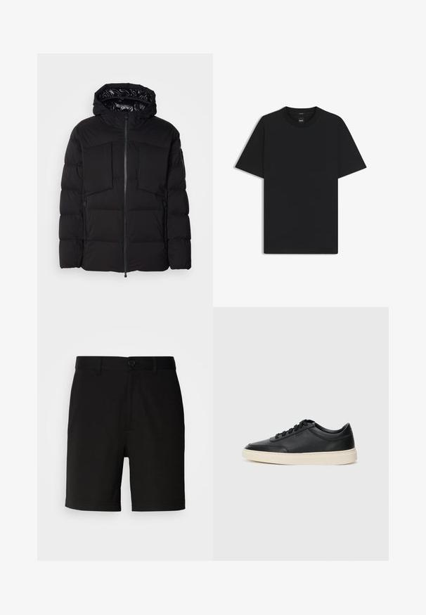 Giubbotto imbottito nero realizzato in nylon liscio, con zip frontale, grandi tasche sul petto e cappuccio. Imbottito per isolamento e comfort.; Maglietta nera a maniche corte realizzata in un morbido misto cotone, con scollatura a girocollo e un design minimalista senza motivi o dettagli.; Pantaloni corti neri in tessuto morbido, dotati di chiusura con un solo bottone e passanti per la cintura, con aperture per le gambe dritte e senza motivi visibili.; Sneaker in pelle nera a basso profilo con lacci neri e suola avorio, mostrato di profilo su sfondo bianco.