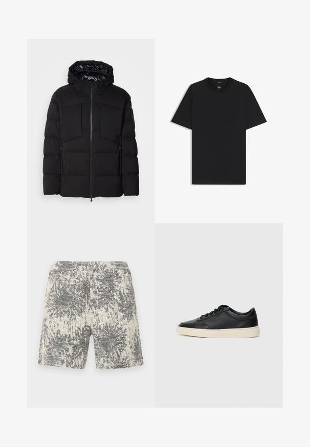 Musta puhallettu takki, joka on valmistettu sileästä nailonista. Siinä on edessä vetoketju, suuret rintataskut ja huppu. Vuorattu eristystä ja mukavuutta varten.; Musta lyhythiha T-paita, joka on valmistettu sileästä puuvillasekoitteesta. Paita on varustettu pyöreällä pääntiehen ja siinä on minimaalinen muotoilu ilman kuvioita tai yksityiskohtia.; Neulehousut kermansävyisinä ja mustina, joissa on teksturoitu, abstrakti kuvio. Joustava vyötärö tarjoaa mukavuutta ja helppoa käyttöä.; Musta matalavartinen nahkastretchu, jossa on mustat nauhat ja vaaleanharmaa pohja, esitetty sivuprofiilissa valkoista taustaa vasten.