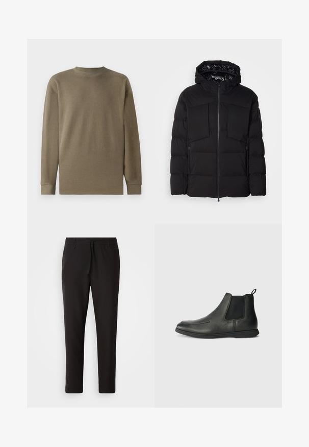Crna puffer jakna od glatkog najlona, s prednjim patentnim zatvaračem, velikim džepovima na prsima i kapuljačom. Podstavljena za izolaciju i udobnost.; Maslinasto zelena dugorosna majica s teksturom, s okruglim izrezom i rebrastim materijalom, s ravno rezanim rubovima i strukturiranim rukavima.; Crne jogger hlače od glatkog materijala. Imaju elastičnu waistband s vezicom, sužene nogavice i bez vidljivih džepova. Jednostavan dizajn.; Crne kožne gležnjače s glatkom teksturom, elastičnim bočnim panelima i trakicom za povlačenje na stražnjem dijelu. Zaobljen vrh i gumeni potplat.